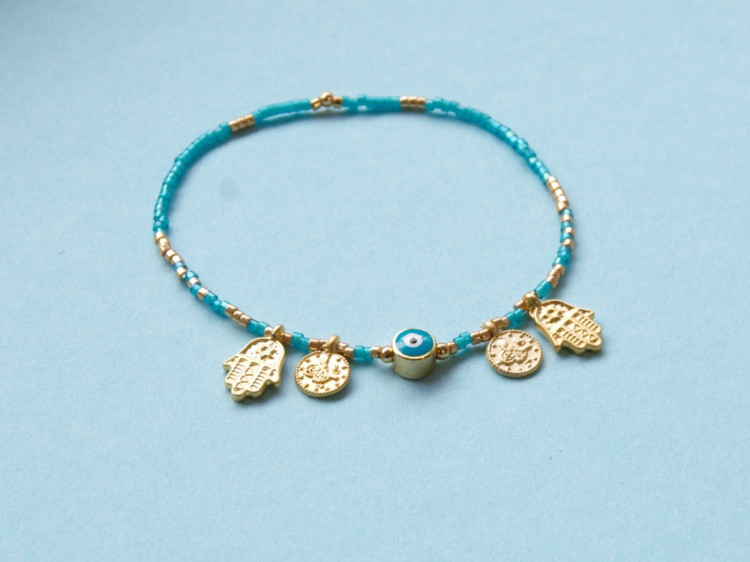 Bracelet amulettes Bleu ciel / doré